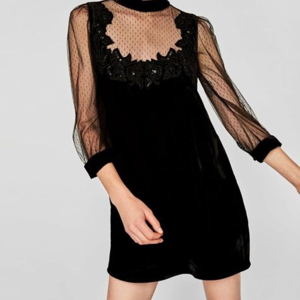 ✨ZARA Black Velvet Embroidery Polka Dot Size S Dress